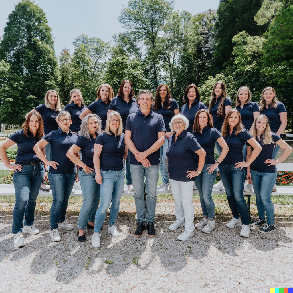 Eine Gruppe von 16 Frauen und einem Mann in blauen Shirts und Jeans posiert im Freien vor einer Reihe von Bäumen.